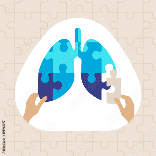 Human lungs puzzle pieces concept, assembled with hands, vector illustration