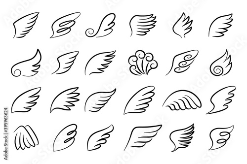 Wings. Outline hand drown angelic emblem. Bird and angel parts for flight. Stylized calligraphy one-line painting. Isolated tattoo templates. Sticker mockups for scrapbooking. Vector graphic set