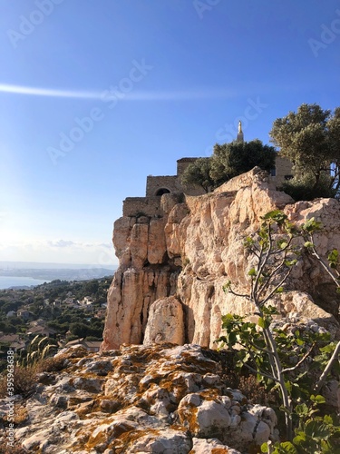 Vitrolles, France - June 7, 2019 : Picture of Rocher de Vitrolles, La tour Sarrasine tower hills rock stone, La chapelle Notre Dame De Vie in Aix en Provence, Alps de Cote Azur, South France