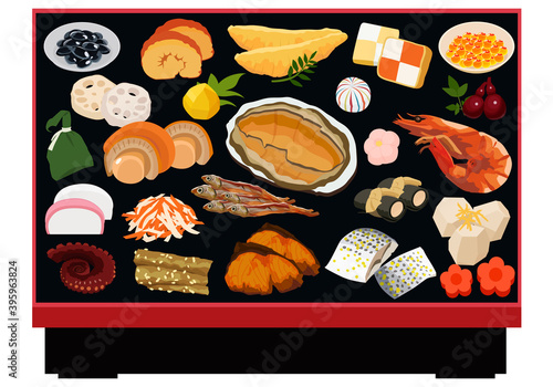 新年のイラスト素材　おせち料理とお盆　黒