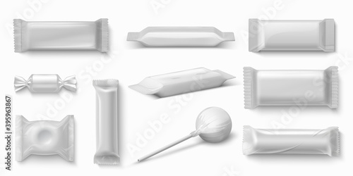Sweets package. Realistic chocolate bar and caramel candies. Isolated collection of blank white packaging design. Plastic wrapping mockup with place for logo or text. Brand identity, vector snack set