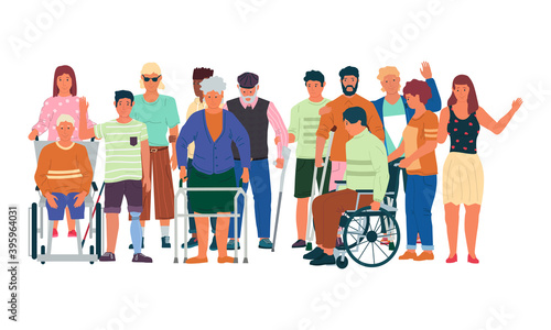 Diverse disabled people. Cartoon handicapped men and women with physical injuries, limited mobility. Treatment and rehabilitation, social support human disabilities. Vector health care illustration