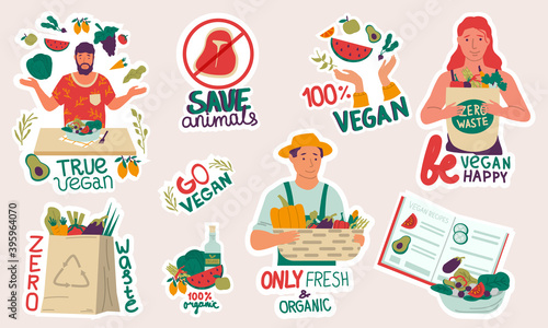 Vegan and recycle stickers. Cartoon young people with reusable eco bags, zero waste lifestyle. Ecological farming, growing organic products. Vegetarians cook and eat vegetables and fruits, vector set