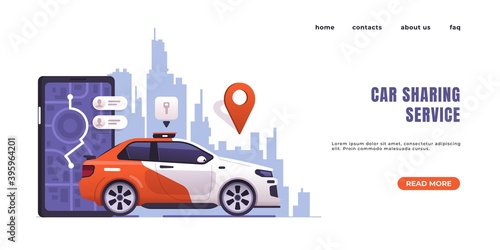 Car sharing landing page. Web interface design with text and buttons. City transportation, auto rent or taxi order. Mobile application and online detect location by digital map. Vector device screen