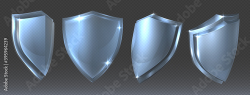Glass shield. Blue protective clean transparent 3D panel various angles, shiny security symbol with light reflections, power and safety shiny symbol. Vector realistic isolated set of acrylic shields