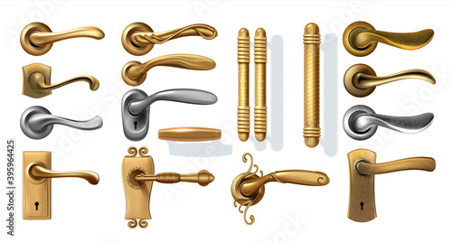 Golden door handles. Realistic metal furniture for windows and doorways. Collection of straight and curved decorative interior steel, silver and bronze elements with keyhole. Vector knobs isolated set