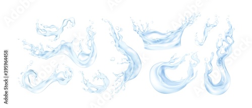 Water splash. Realistic transparent liquid. Collection blue water drops, motion and flows. Isolated 3D falling aqua and dairy products for advertising or decoration packaging. Vector templates set