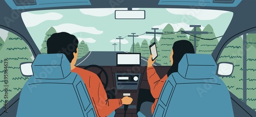 Cartoon car interior. Cute couple driving during vacation trip, happy family riding on road. View from behind driver and passenger. Empty highway and forest landscape. Vector traveling by automobile