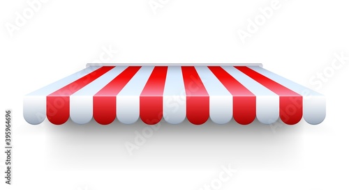 Stripe awning. Realistic red and white cafe tent. Isolated shop roof. Canopy for protection from sun and rain or snow. Building exterior, decorative facade element template. Vector showcase overhang