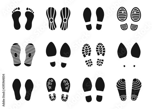 Footsteps sign. Contour footprints. Collection of prints of shoes or bare feet. On heels, classic or sport footwear, isolated trails of men or women. Track template for navigation service, vector set