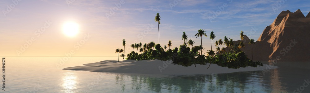 Island with palm trees at sunset, tropical seascape, palms over water, silhouettes of palm trees, 3D rendering Island with palm trees at sunset, tropical seascape, palms over water, silhouettes of palm trees, 3D rendering