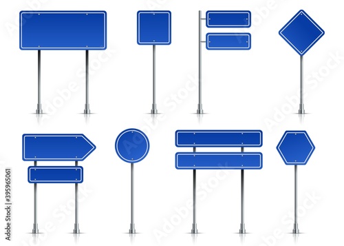 Road icons. Realistic blue street signposts with white frame on metal stand. Isolated traffic signage and outdoor pointers. Blank banners for regulation transport moving. Vector highway symbols set
