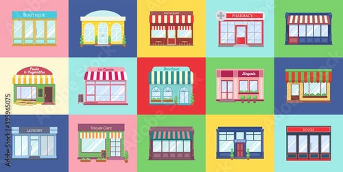 Shop buildings. Cartoon store facades. Flat square colorful cards with pharmacy and boutique, cafe and bookstore or grocery. Front view of houses with door, window and signboard. Vector cityscape set