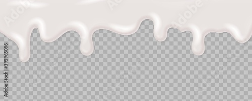 Realistic liquid yoghurt cream. Decorating desserts, sweet snacks and cakes with glaze. Dripping thick syrup. White chocolate leaking on transparent background. Vector mockup for decoration packaging