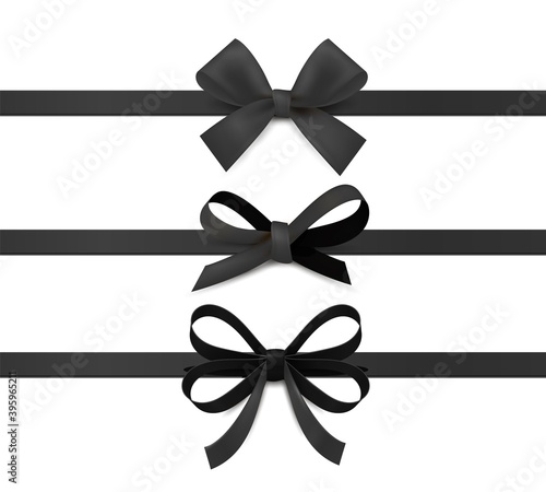 Black ribbon bows. Silk ribbons with decorative bow gift decoration collection. Realistic elegant festive tape for black friday and gothic presents wrapping vector isolated on white background set