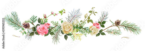 Panoramic view with white, pink roses, spring blossom, pine branches, cones. Horizontal border for Christmas: flowers, buds, leaves on white background, digital draw, watercolor style, vector