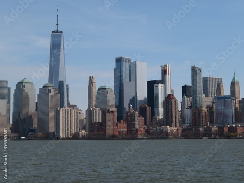 Skyline and modern office buildings of Midtown Manhattan viewed from across the Hudson River. 