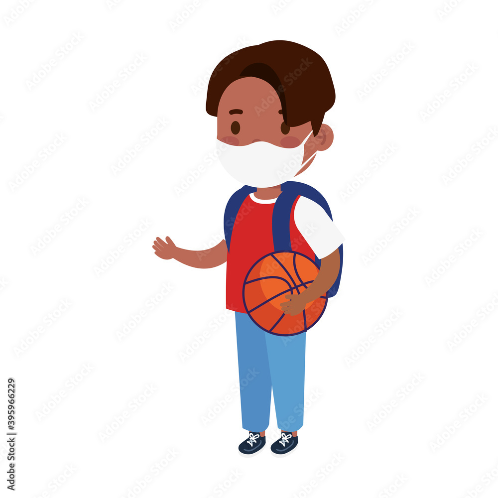 little boy wearing medical mask and basketball balloon vector illustration design little boy wearing medical mask and basketball balloon vector illustration design