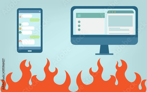 誹謗中傷や炎上などのインターネットのトラブルのイメージイラスト