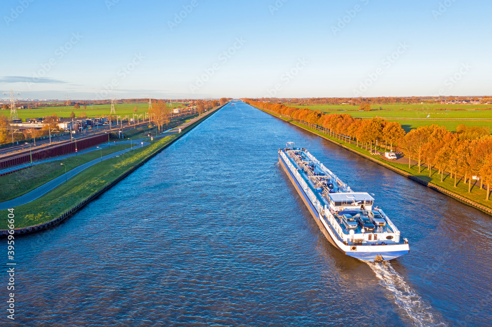 Aerial from a freighter on the Amsterdam Rijn Canal in the Netherlands