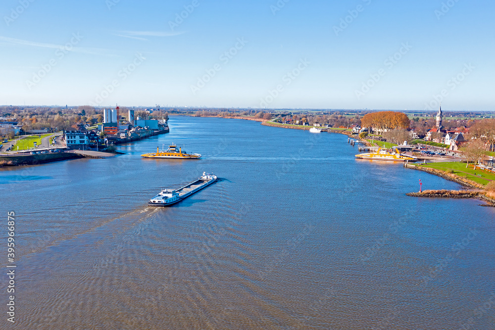 Aerial from ferries on the river Lek near Schoonhoven in the Netherlands