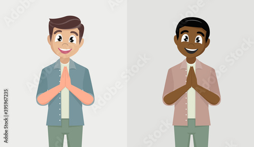 Man character in pay respect pose