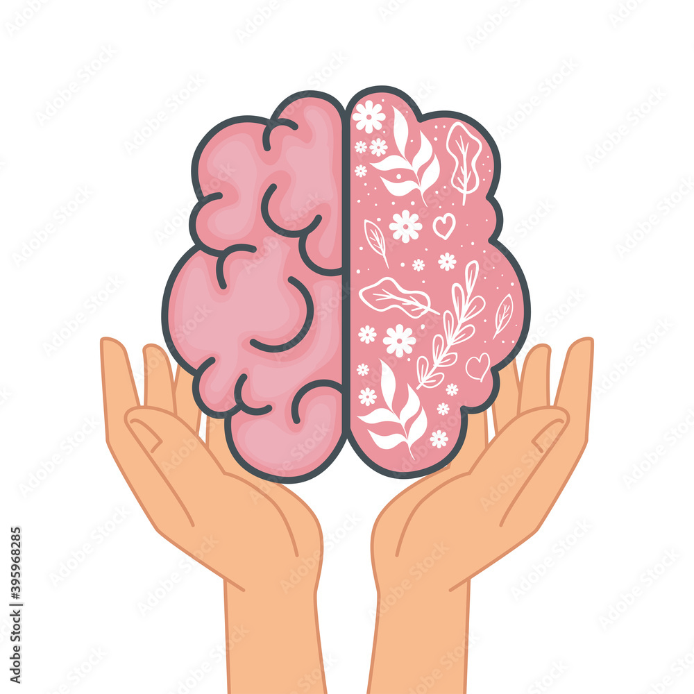 mental health hands lifting brain organ with flowers and leafs vector illustration design mental health hands lifting brain organ with flowers and leafs vector illustration design