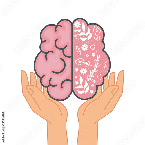 mental health hands lifting brain organ with flowers and leafs vector illustration design