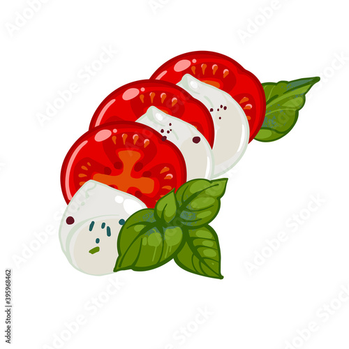 Italian caprese salad with tomatoes, Matzprella cheese and basil, Hand drawn vector illustration isolated on white background in doodle style.