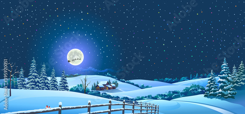 Snowy landscape of a forest and an isolated town with a silhouette of Santa and his reindeer.
