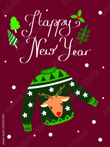 happy new year card with sweater