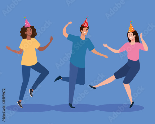 women and man dancing with party hat design, celebration event happy birthday holiday surprise anniversary and decorative theme Vector illustration