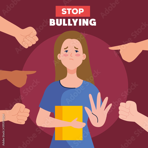 stop bullying and hands pointing at sad girl kid with book design, violence victim bully and social theme Vector illustration
