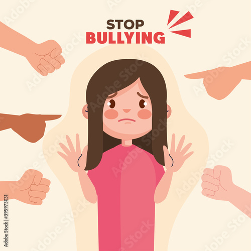 stop bullying and hands pointing at sad girl kid design, violence victim bully and social theme Vector illustration