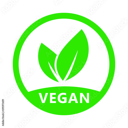 Vegan icon. Organic, bio, eco symbol. No meat, lactose free, healthy, fresh and nonviolent food. Round green logo with leaves for stickers, labels.
