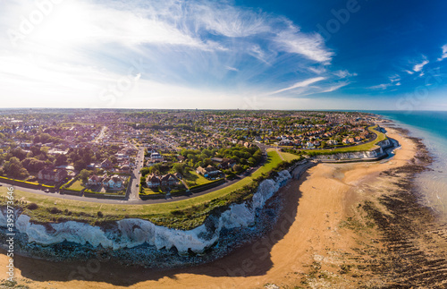 Drone aerial view of the beach and white cliffs, Margate, England, UK photo