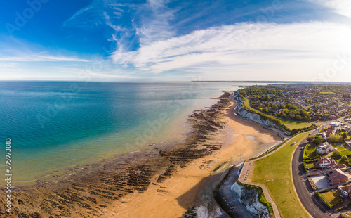 Drone aerial view of the beach and white cliffs, Margate, England, UK photo