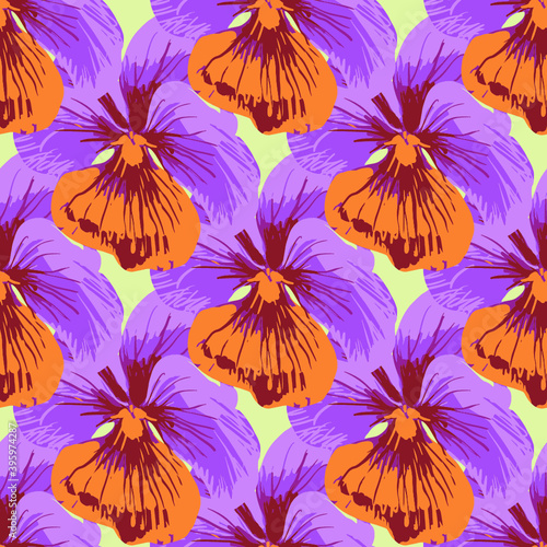 Decorative vector composition of viola flowers. Seamless background pattern #1