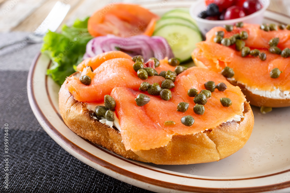 A view of a plate of bagel lox.