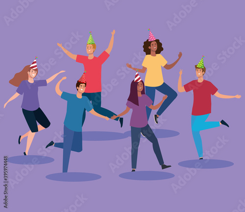 people dancing in circle with party hat design, celebration event happy birthday holiday surprise anniversary and decorative theme Vector illustration