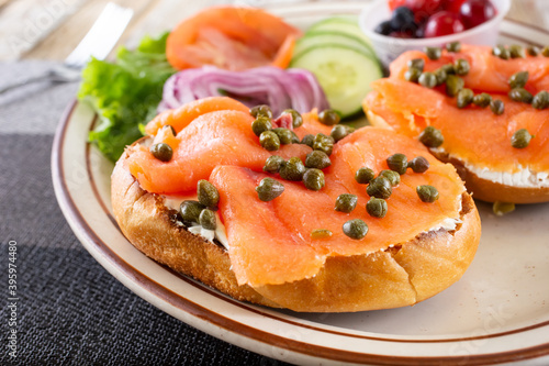 A view of a plate of bagel lox.