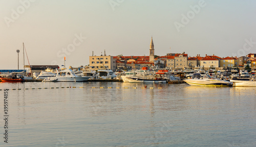 Port in Budva. Marina for yachts and boats. Dawn. Montenegro.