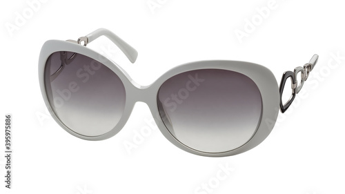 Elegant womens sunglasses with white plastic frames and gradient lenses. View half a turn.