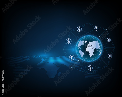 Global currency exchange network with abstract blue high speed technology illustration