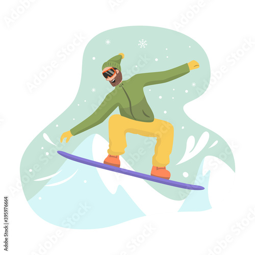Cartoon snowboarder at ski resort.