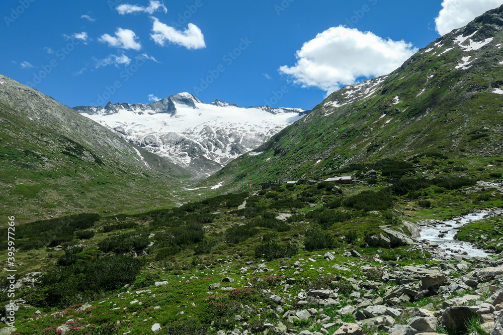 Panoramic view on huge glacier in Maltal region in Austrian Alps. The valley below it flourishing with green and freshness., small torrent in the middle. Summer in the mountains. Serenity and solitude