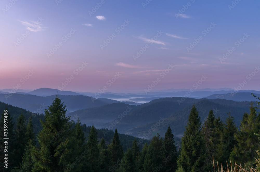 Sunrise over Carpathians. Beautiful dawn above tranquil mountain landscape. Image of attractive summer scene, nature wallpapers. Discovery the beauty of Earth.
