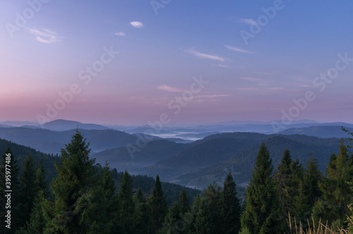 Sunrise over Carpathians. Beautiful dawn above tranquil mountain landscape. Image of attractive summer scene, nature wallpapers. Discovery the beauty of Earth.
