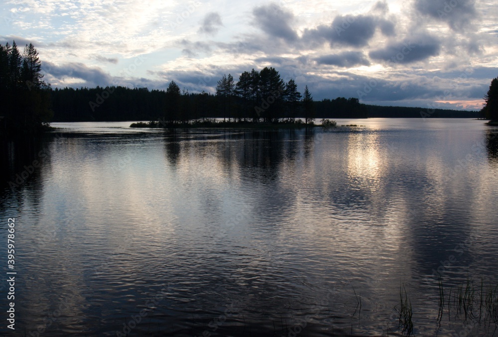 View of sunset over Pyhaselka lake in Joensuu city, North Karelia. Finland. Europe.