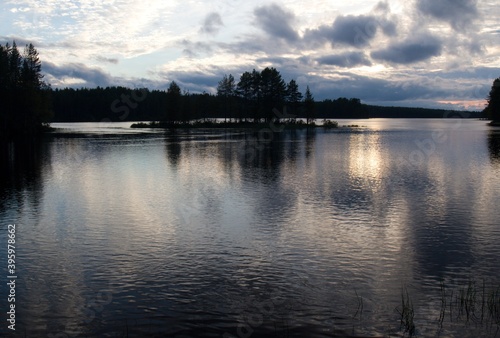 View of sunset over Pyhaselka lake in Joensuu city, North Karelia. Finland. Europe.